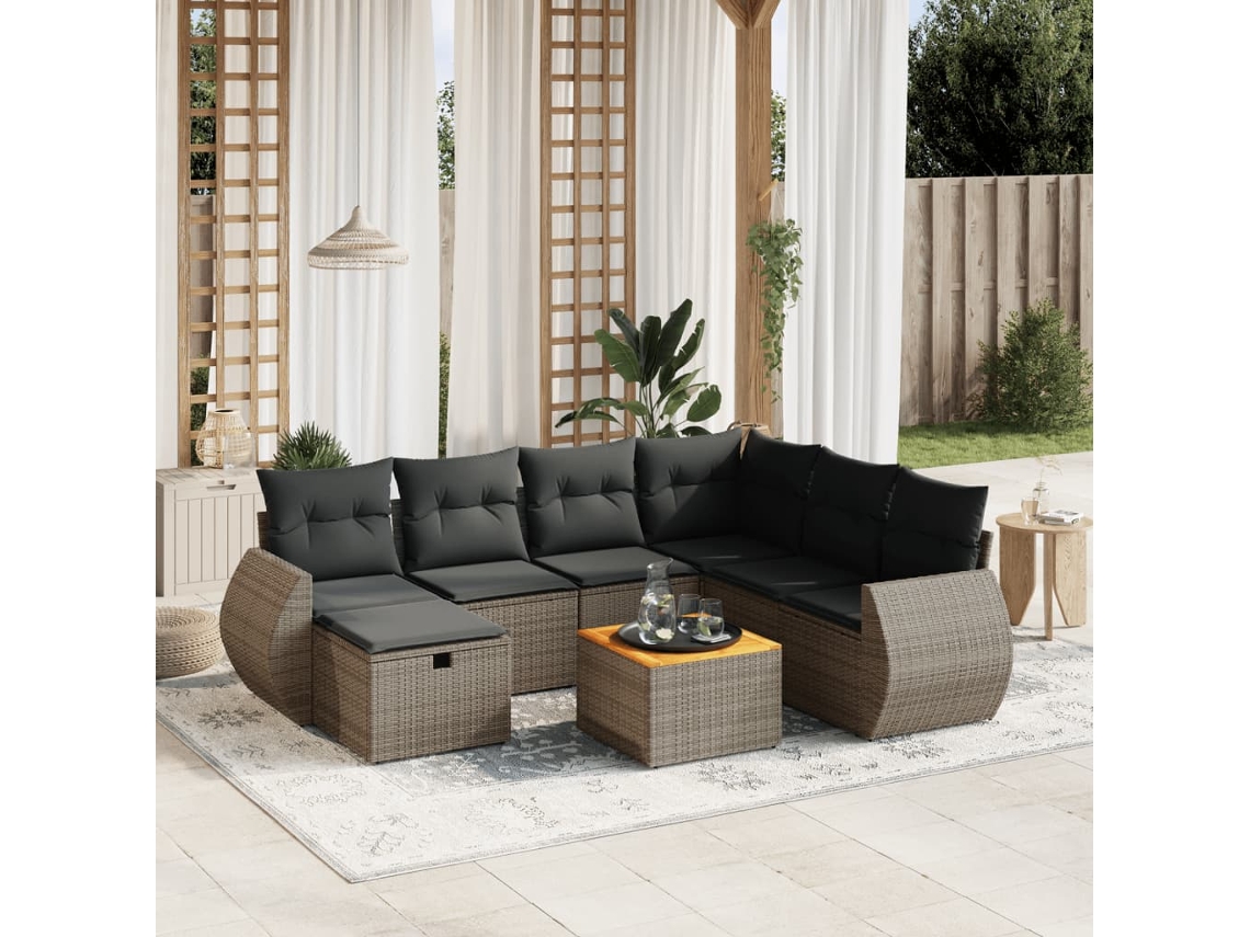 Vidaxl 8 Pcs Conjunto Sofás De Jardim C/ Almofadões Vime Pe Cinzento