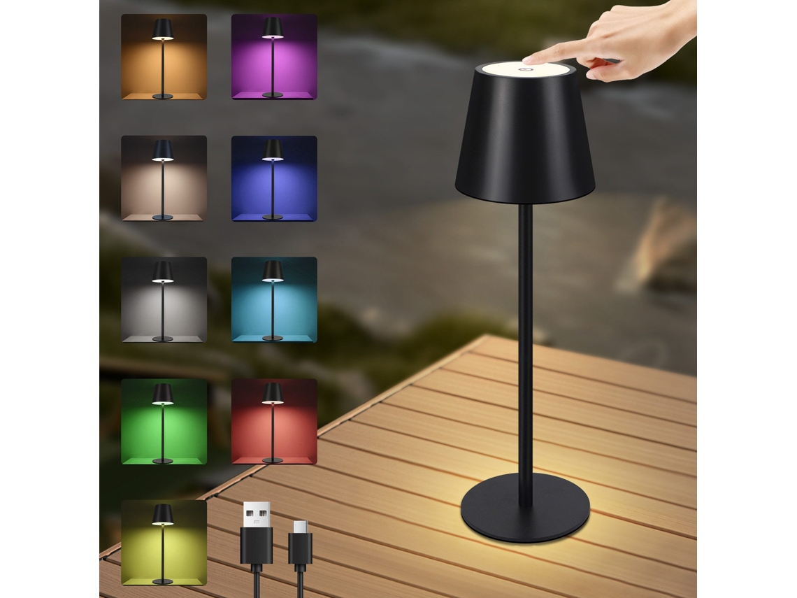 Lâmpada De Cabeceira Com Bateria Sem Fios Led Rgb 2600mha Lâmpada De Mesa Exterior Recarregável Por Toque Regulável Preta Usb Type C Nettlife