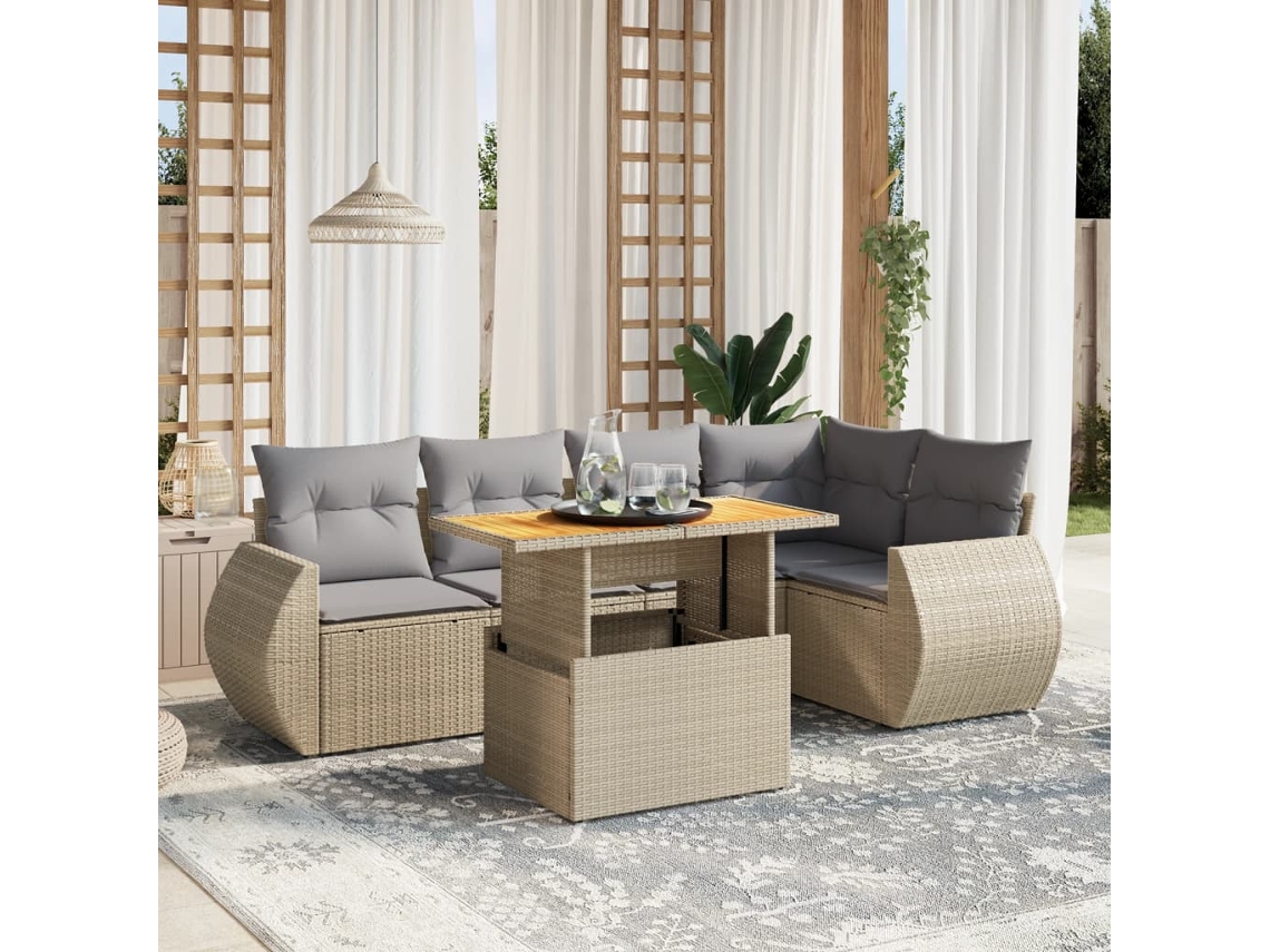 Vidaxl 6 Pcs Conjunto De Sofás P/ Jardim Com Almofadões Vime Pe Bege