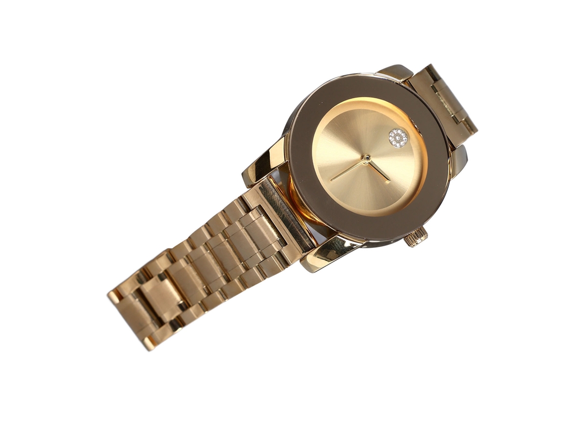 Relógio masculino minimalista com mostrador dourado e movimento de quartzo, com indicação das fases da lua.