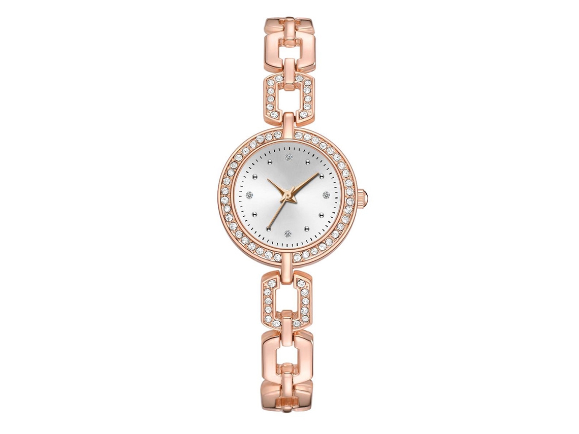 Relógio de Pulso Feminino de Quartzo com Pulseira de Liga e Strass Rosa Ouro+branco
