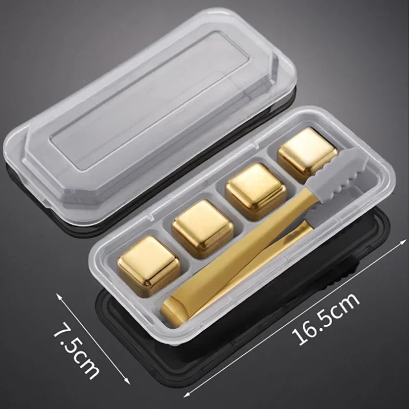 Cubos de Gelo Reutilizáveis de Aço Inoxidável, Congelamento Rápido, Metal de Qualidade Alimentar MDUG (ouro, 4pcs, com Grampos)