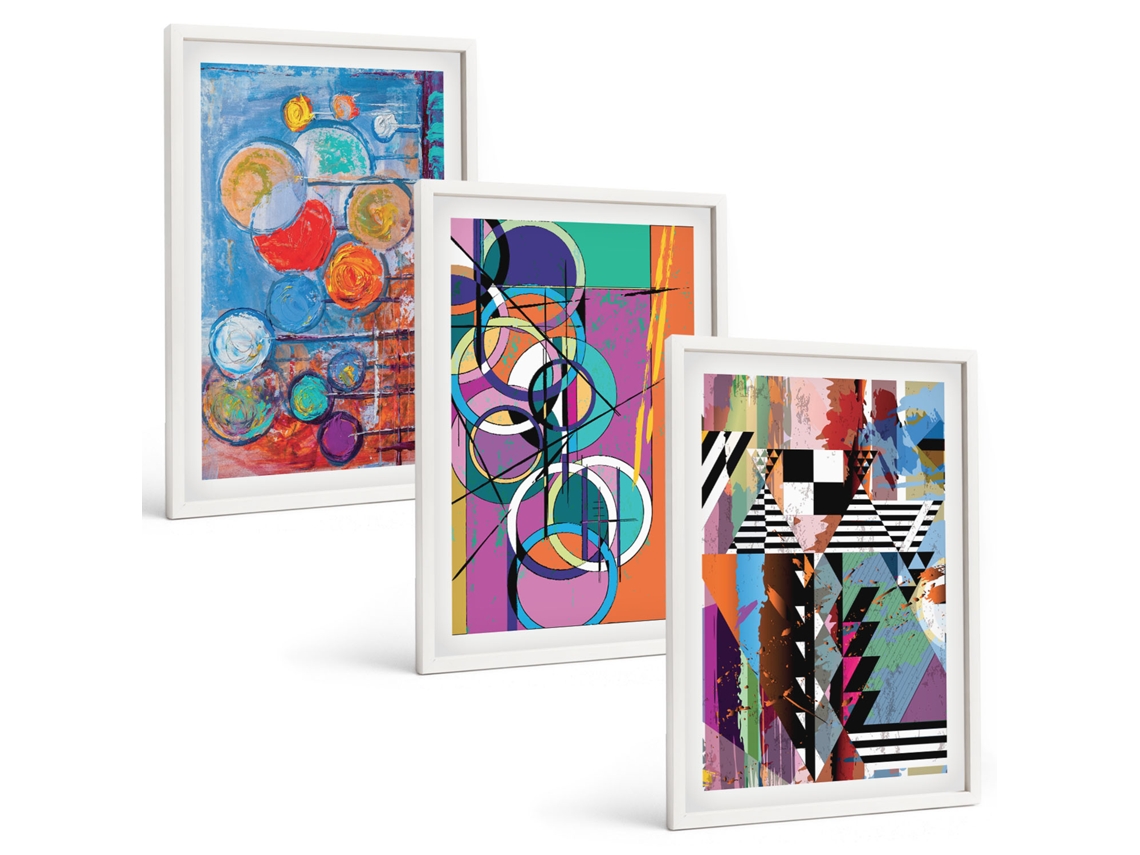 Conjunto De Pinturas Círculos Abstratos Coloridos, Geometria Moldura Branca Pinturas De Quarto Espelharte (3 Piezas De 40x60 Cm)