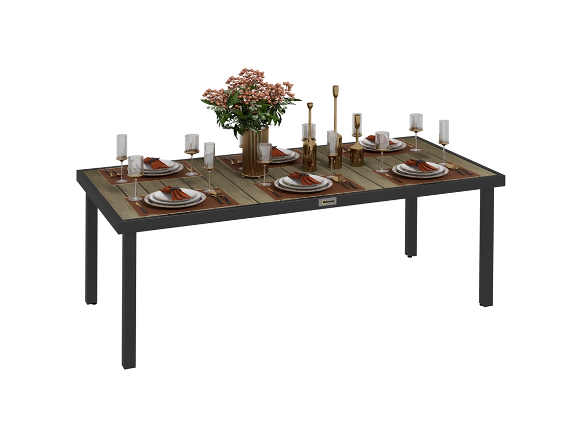 Mesa de Jardim Alumínio e Plástico Cor Preto e Madeira 190x90x74 cm Outsunny