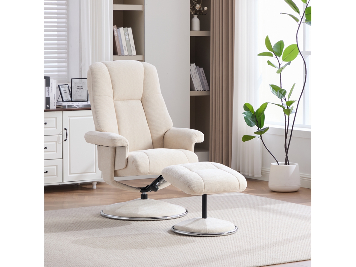 Poltrona Giratória Multifuncional Nórdica, Relax, Com Pufe Em Tecido Chenille, Base Metálica Revestida – Elegante, Firme E Confiável. Bege