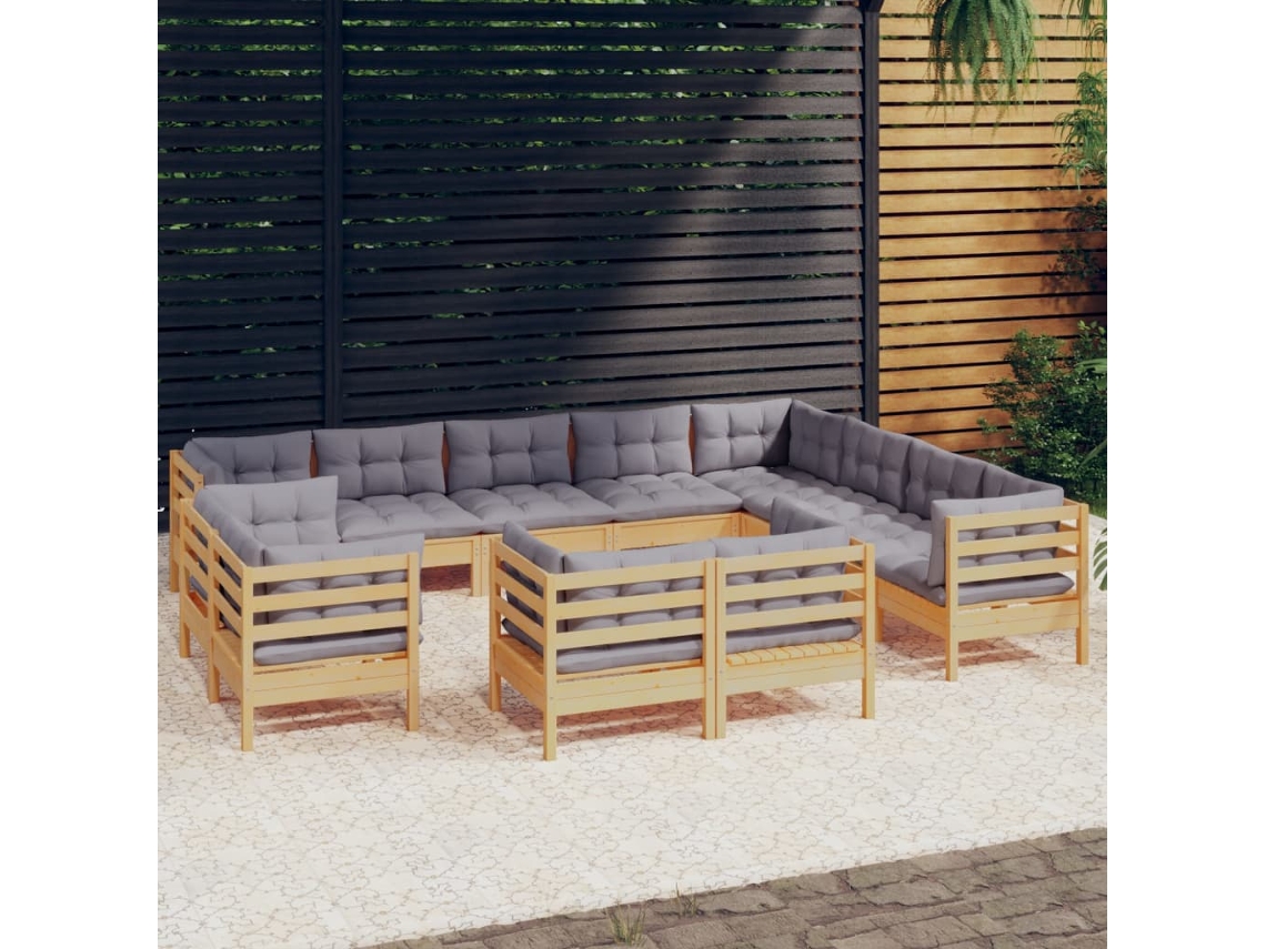 Vidaxl 12pcs Conjunto Lounge De Jardim + Almofadões Cinza Pinho Maciço