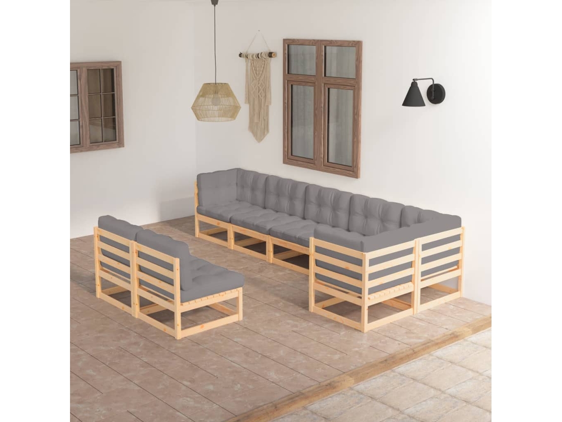 Conjunto Lounge Jardim 8 Peças C/ Almofadões Pinho Maciço Dkd Home Decor