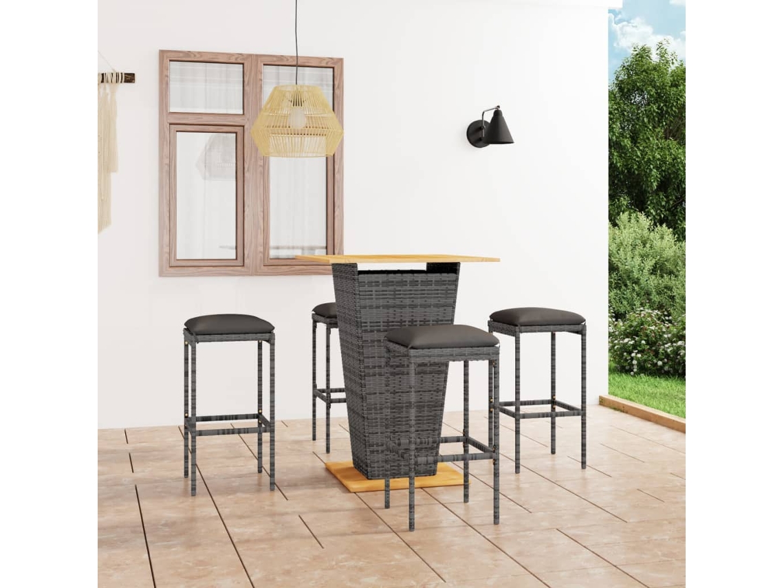 Vidaxl 5 Pcs Conjunto De Bar P/ Jardim C/ Almofadões Vime Pe Cinzento