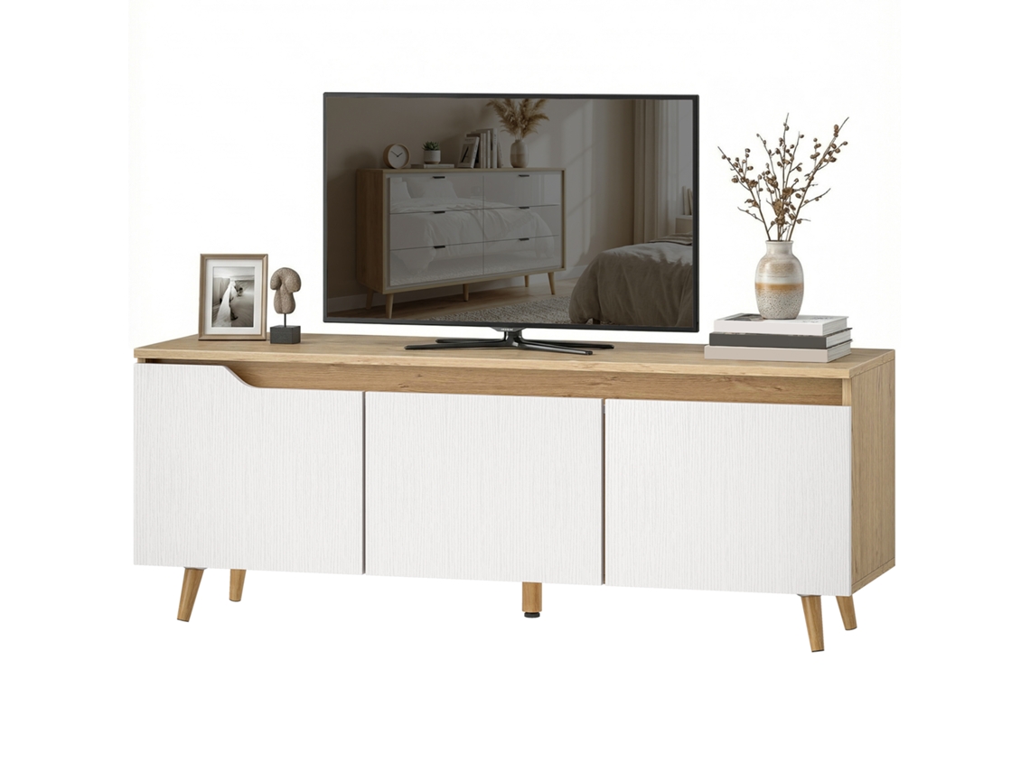 Móvel De Tv Para Sala Com 3 Portas Para Televisões Até 55 Polegadas Estilo Moderno 120x35x45,5 Cm Carvalho E Branco