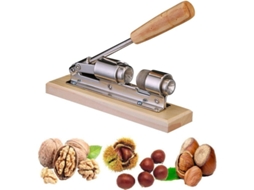 Quebra-nozes manual em aço inoxidável, pinça para castanhas, utensílio de cozinha retrô com base de madeira.