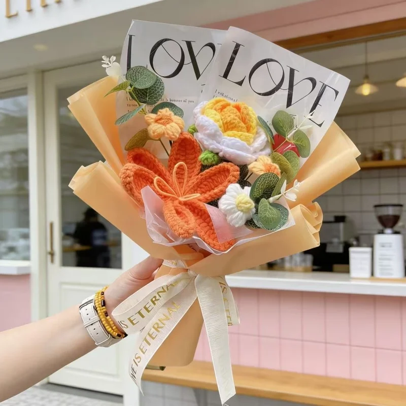 (amarelo) Buquê De Rosas E Tulipas Artificiais De Crochê, Pronto Para Presente.