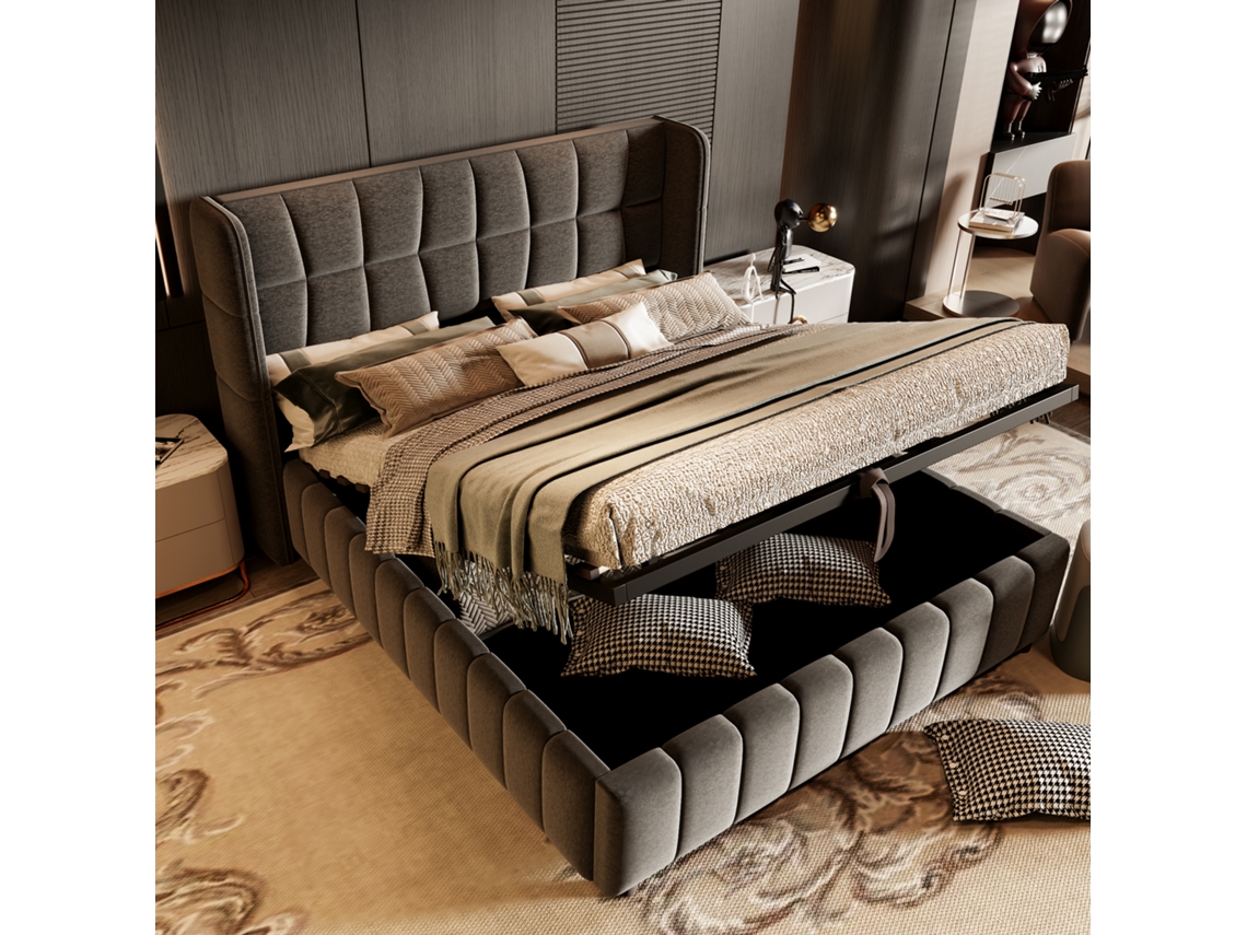 Cama Estofada Tecido Cinza 180x200 Cm