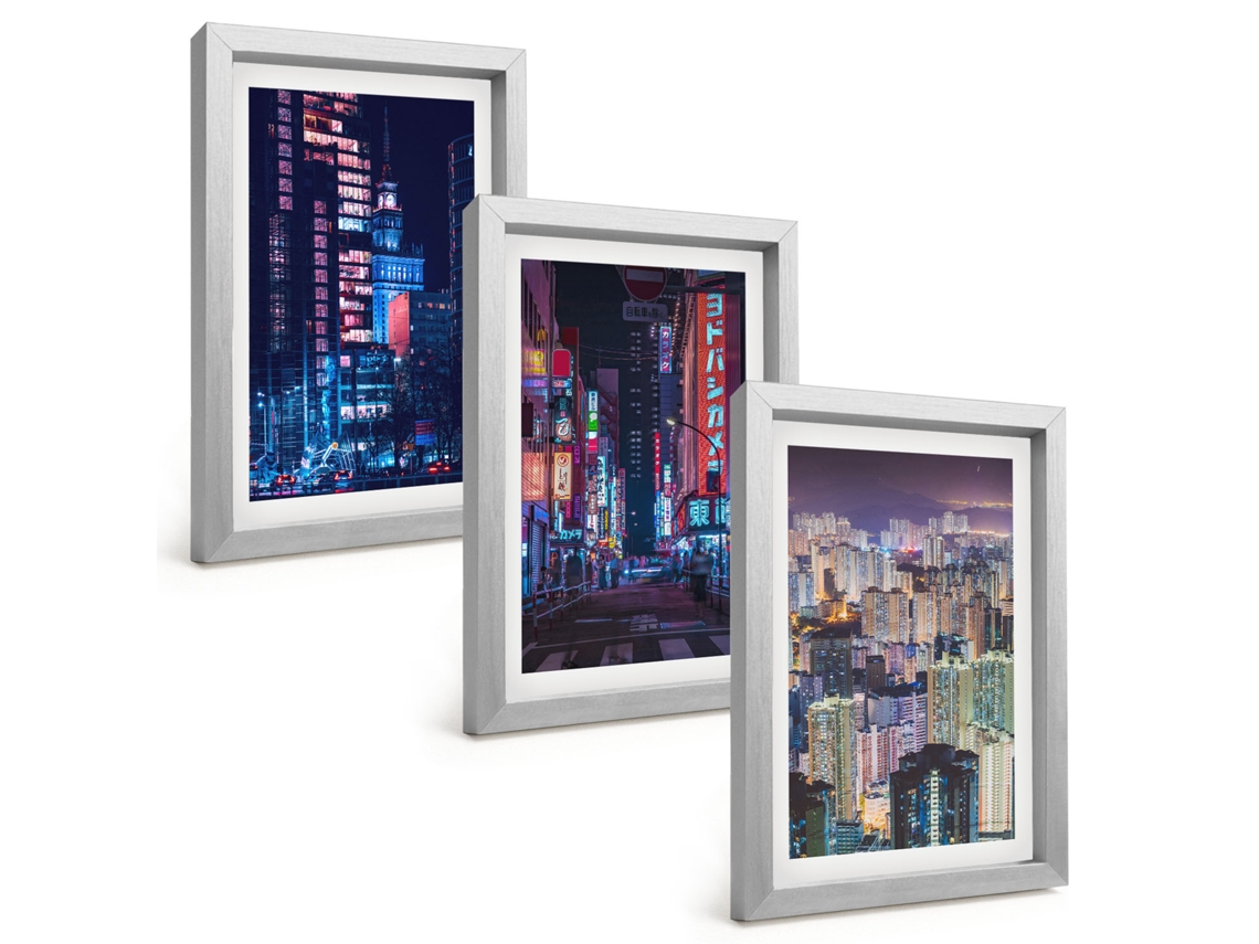 Pinturas Murais Modernascidade Noturna, Luzes De Néon Moldura Prateada Fotos Para O Corredor Espelharte (3 Peças 20x30 Cm)