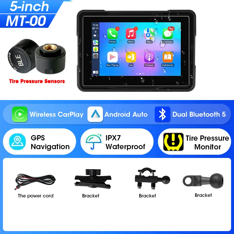 (5 Polegadas Carplay-tpms) Navegação Para Motocicletas, Carplay Sem Fio Com Duplo Bluetooth Para Medição De Pressão Dos Pneus