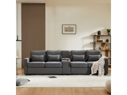 Sofá moderno Linho de 4 lugares com console, 2 porta-copos, 2 entradas USB, bolsas e 4 almofadas.