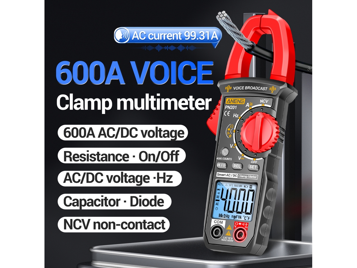 MULTÍMETRO DE PINÇA AC/DC YURU, 1000A, alta precisão, capacitância, resistência, corrente, lanterna, alarme