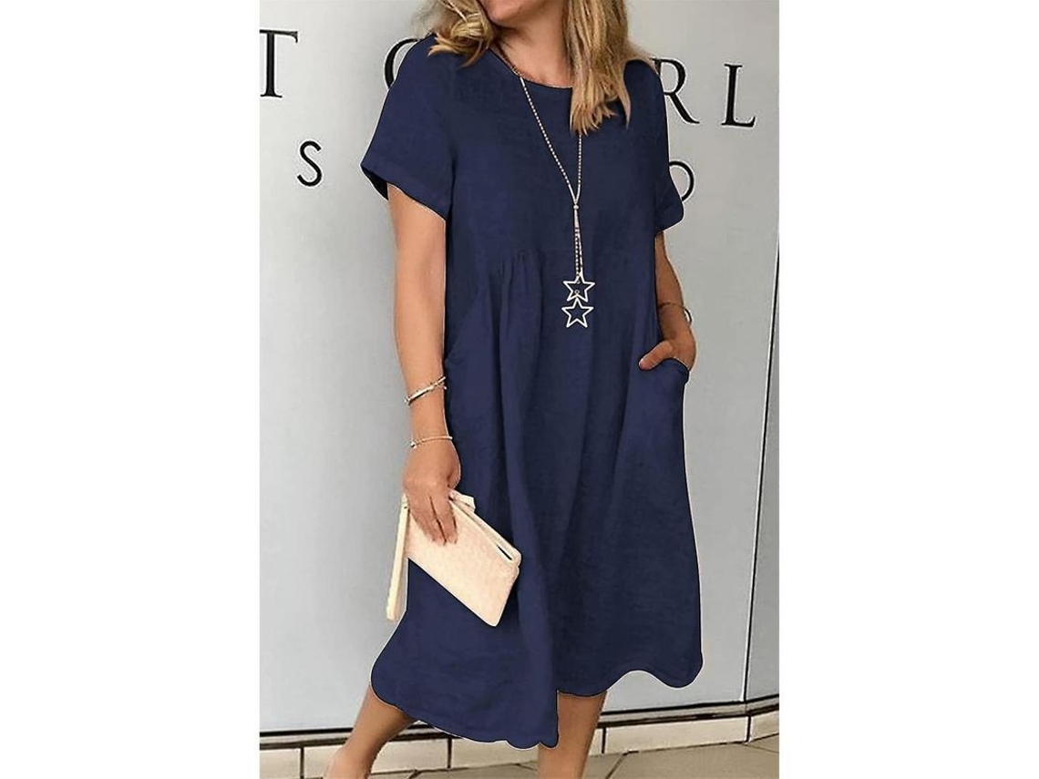 Vestido De Verão Para Mulher Lino Boho Com Bolsos Vestido Longo Praia Casual Respirável 4xl Azul Marino