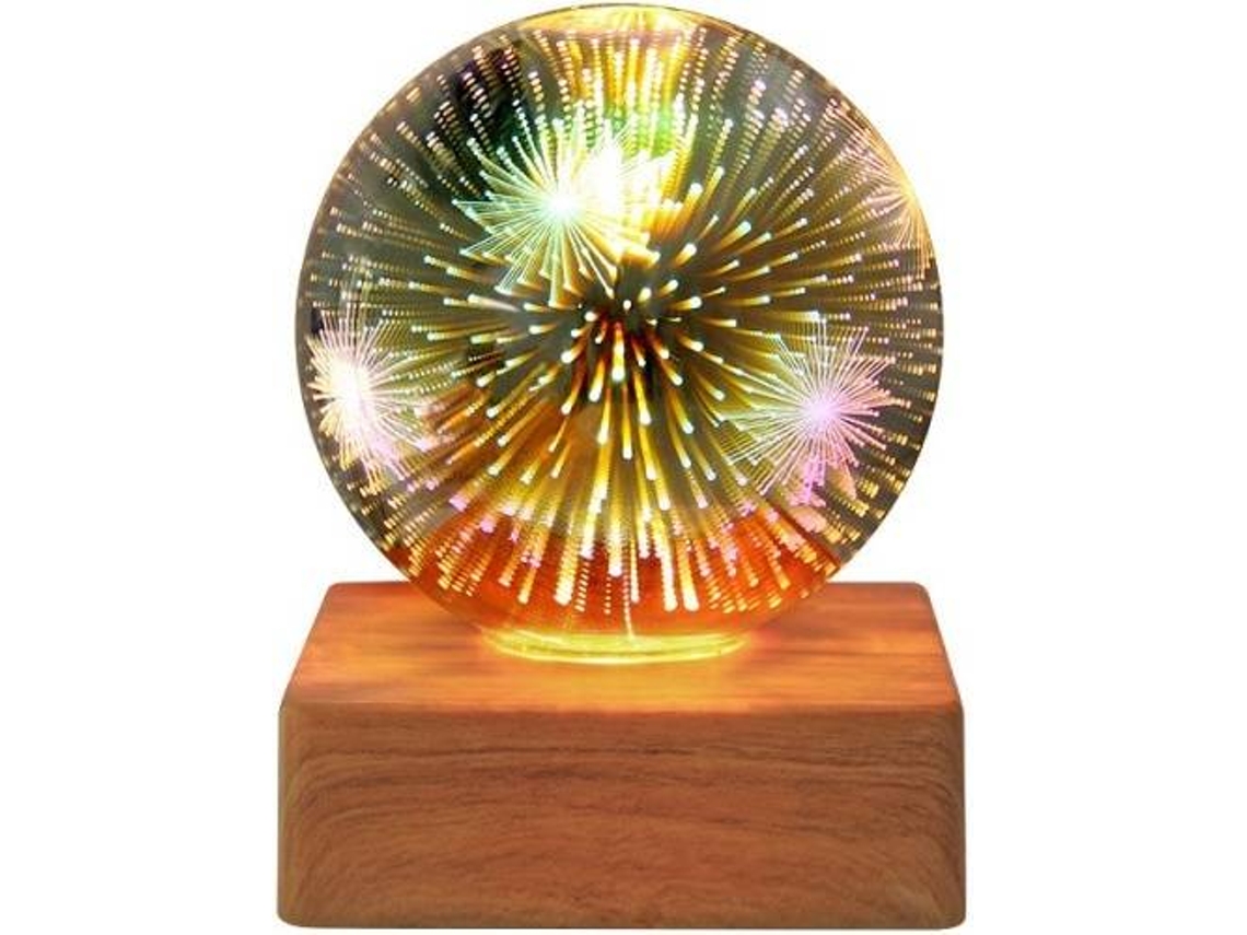 Luz noturna colorida com efeito de estrela de fogo de artifício LED, lâmpada de projetor USB, bola de vidro de cristal mágico, luz noturna (madeira)