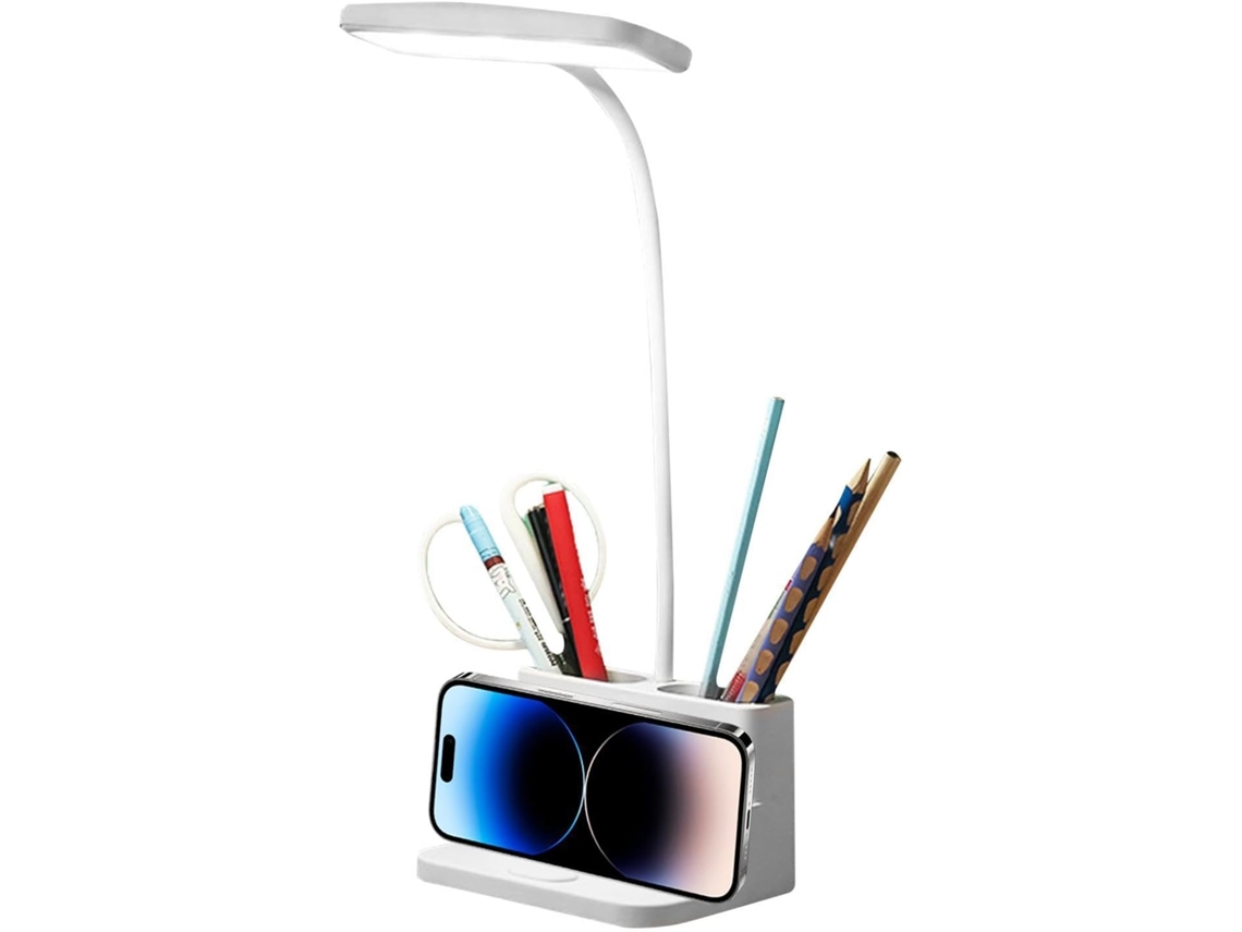 Luminária de mesa LED recarregável com suporte para lata e suporte para celular.
