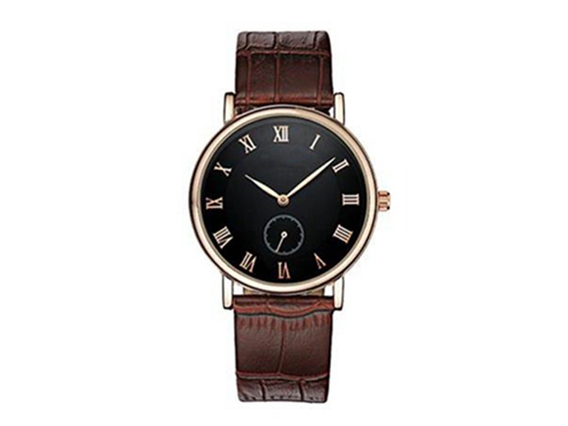 Relógio casual de quartzo em couro PU para casais (masculino, pulseira marrom, mostrador preto)