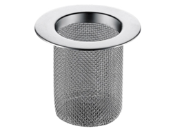Filtro de aço inoxidável para ralo, ideal para capturar detritos e evitar entupimentos em ralos de cozinha e banheiro. Dimensões: 5,3 x 5,3 cm. Cor: Prata.