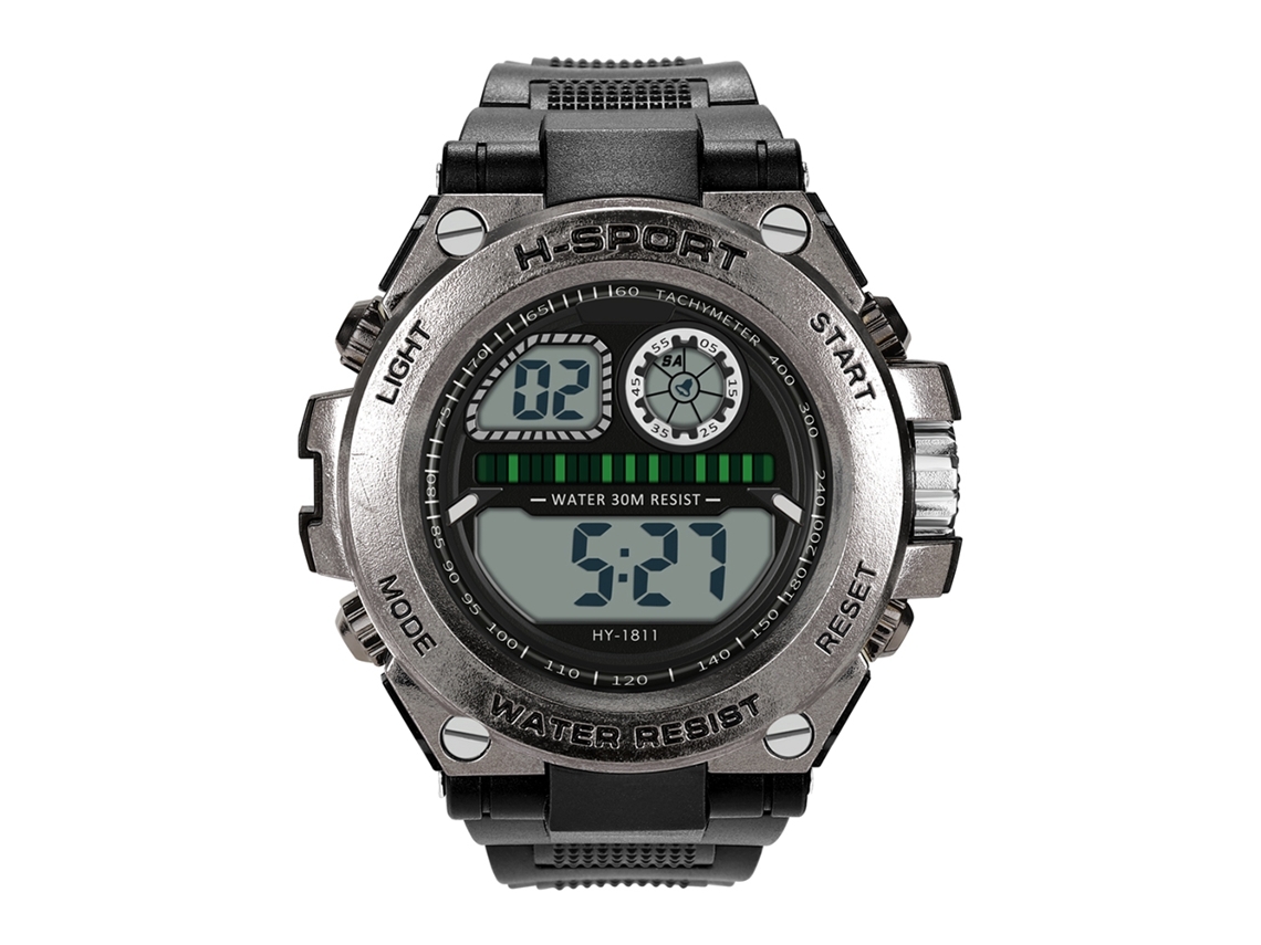 Relógio esportivo eletrônico à prova d'água com calendário e LED para homens, preto.