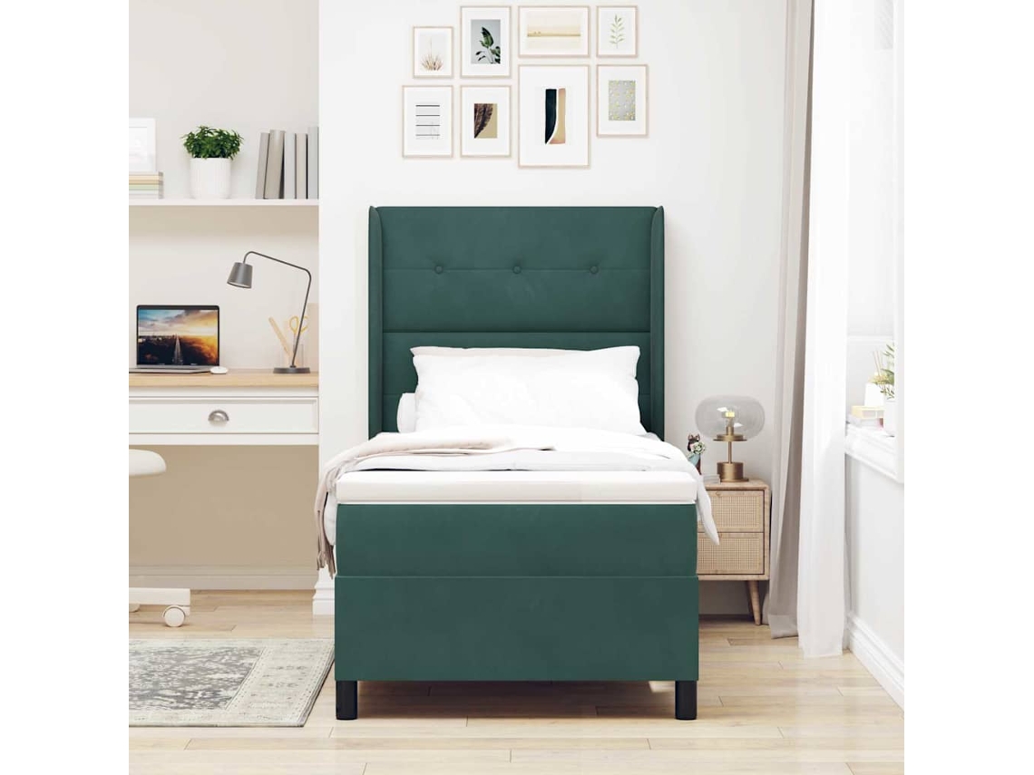 Vidaxl Cama Box com Cabeceira Verde Escuro 90 X 190 Cm Veludo