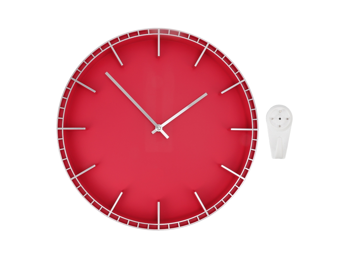 Relógio de parede decorativo redondo e silencioso Baok-Modern para casa, escritório, cozinha e quarto, prateado com detalhes em vermelho, modelo 5686, 37,7 x 3 cm.