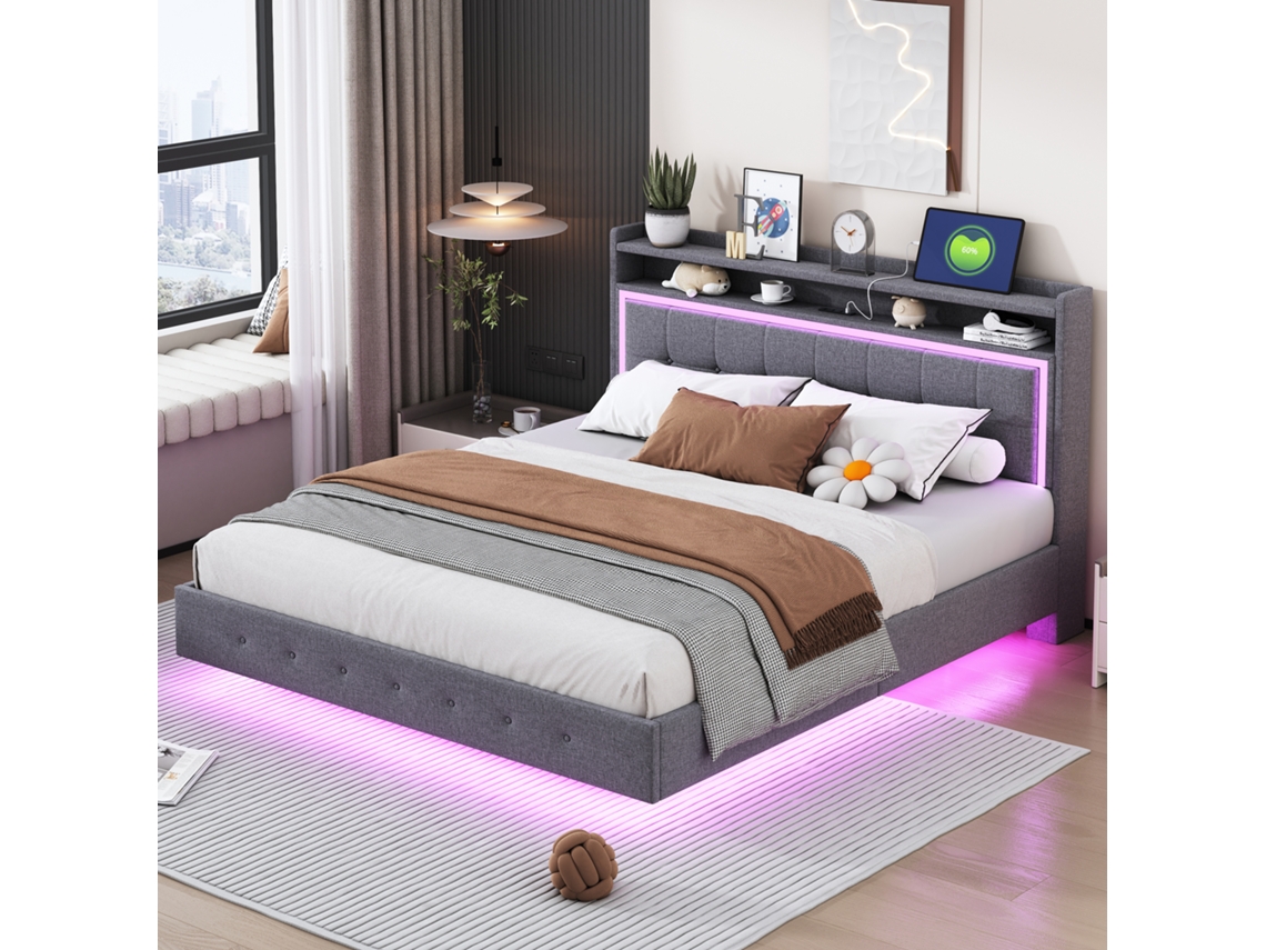 Cama Plataforma Linho Cinza 160x200 Cabeceira Baixa Minimalista