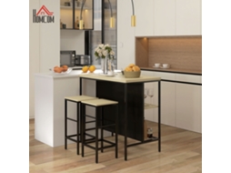 Conjunto De Mesa Bar E 2 Bancos Estilo Industrial Com Prateleira Armazenamento, Apoio Para Os Pés, Metal Preto E Aspeto Madeira