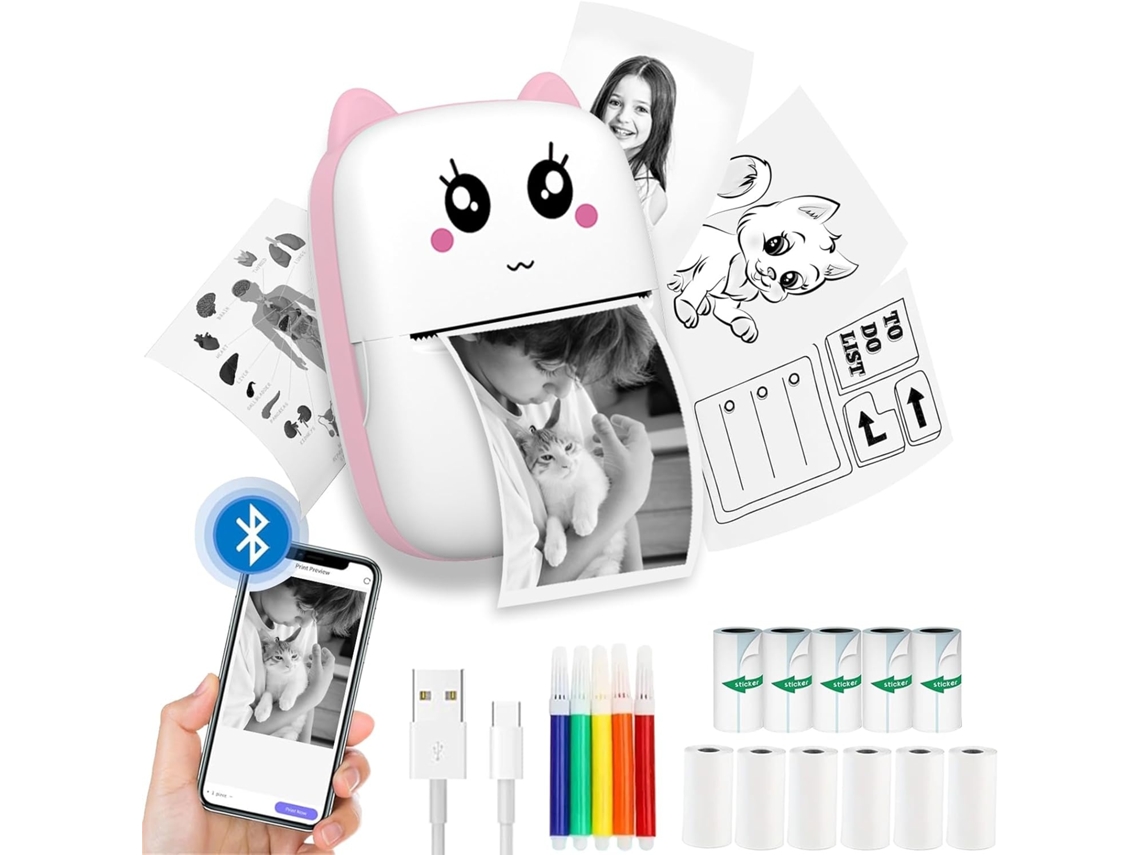 Impressora Térmica Elysve, Sem Fio Sem Tinta, 203 Dpi, Com 11 Rolos, Compatível Com Android, Ios, Cor Rosa