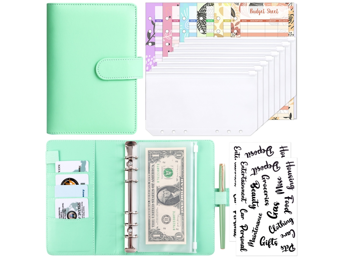 A6 Budget Binder With Zipper Envelopes, Pu Leather Wallet For Cash Envelopes, Macaron Apple Green Cover + 8-zipper Bags