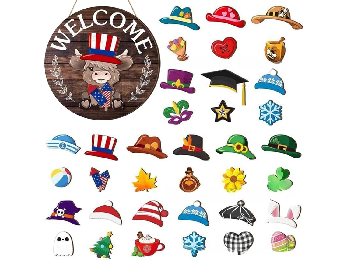 Placa de Boas vindas para Porta, Kit de Madeira para Porta, Decoração Sazonal para Natal, Halloween, Festas, Outono, CHABERLU