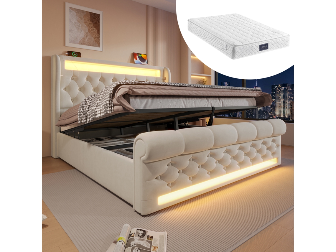 Cama Casal 160x200cm Veludo Bege Com Led Armário Usb Type-c
