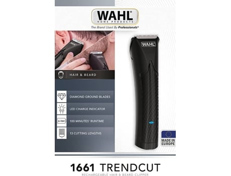 Aparador WAHL 1661.0465 (Autonomia 100 min - Mista) — Made in EU. 100 MIN AUT. funciona com e sem cabo. 1 min carga rapida. 12 pentes guia. CAbelo e barba.