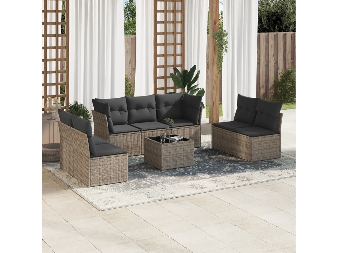Vidaxl 8 Pcs Conjunto Sofás De Jardim C/ Almofadões Vime Pe Cinzento