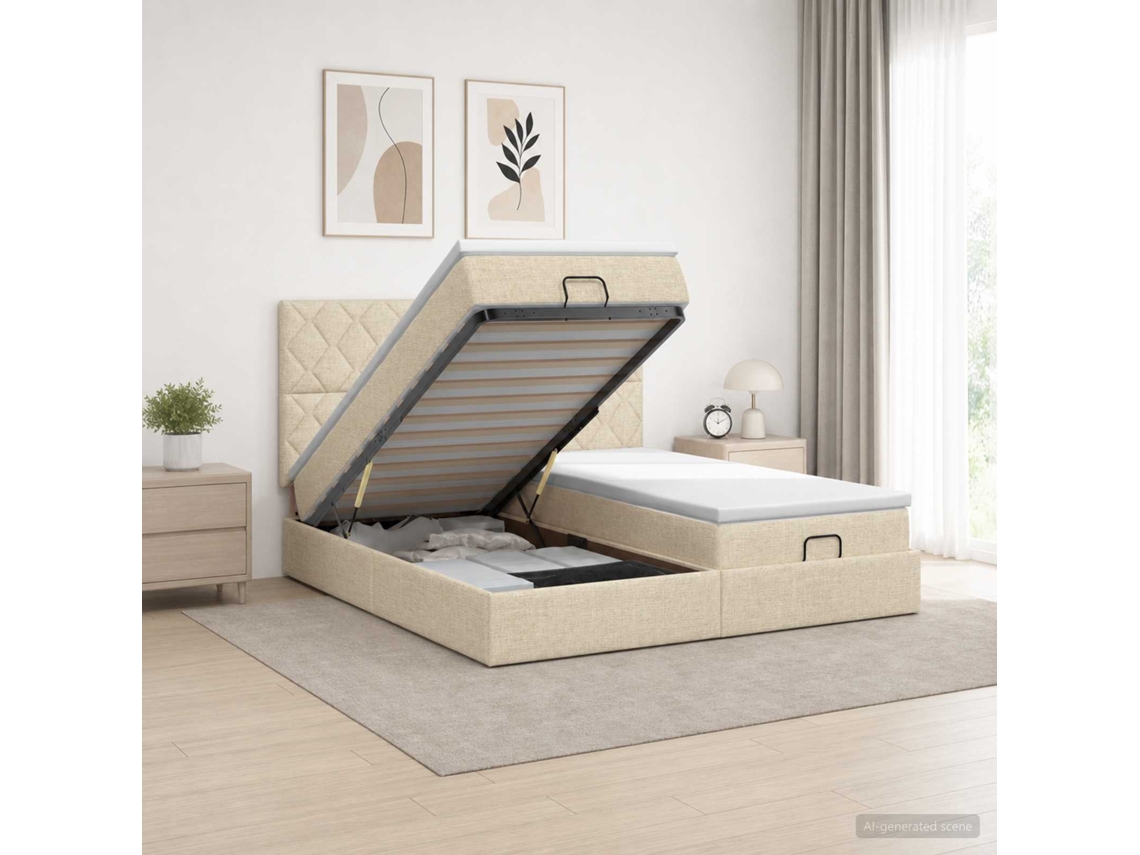 Vidaxl Cama Ottoman Com Colchão E Led Creme 180 X 200 Cm Tecido