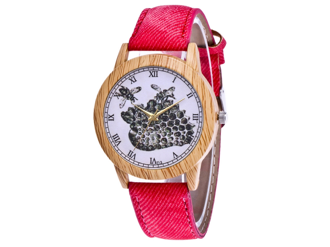 Reloj De Pareja Vintage Con Patrón De Abeja Acero Quartzo Canvas Rojo Zhoulianfa