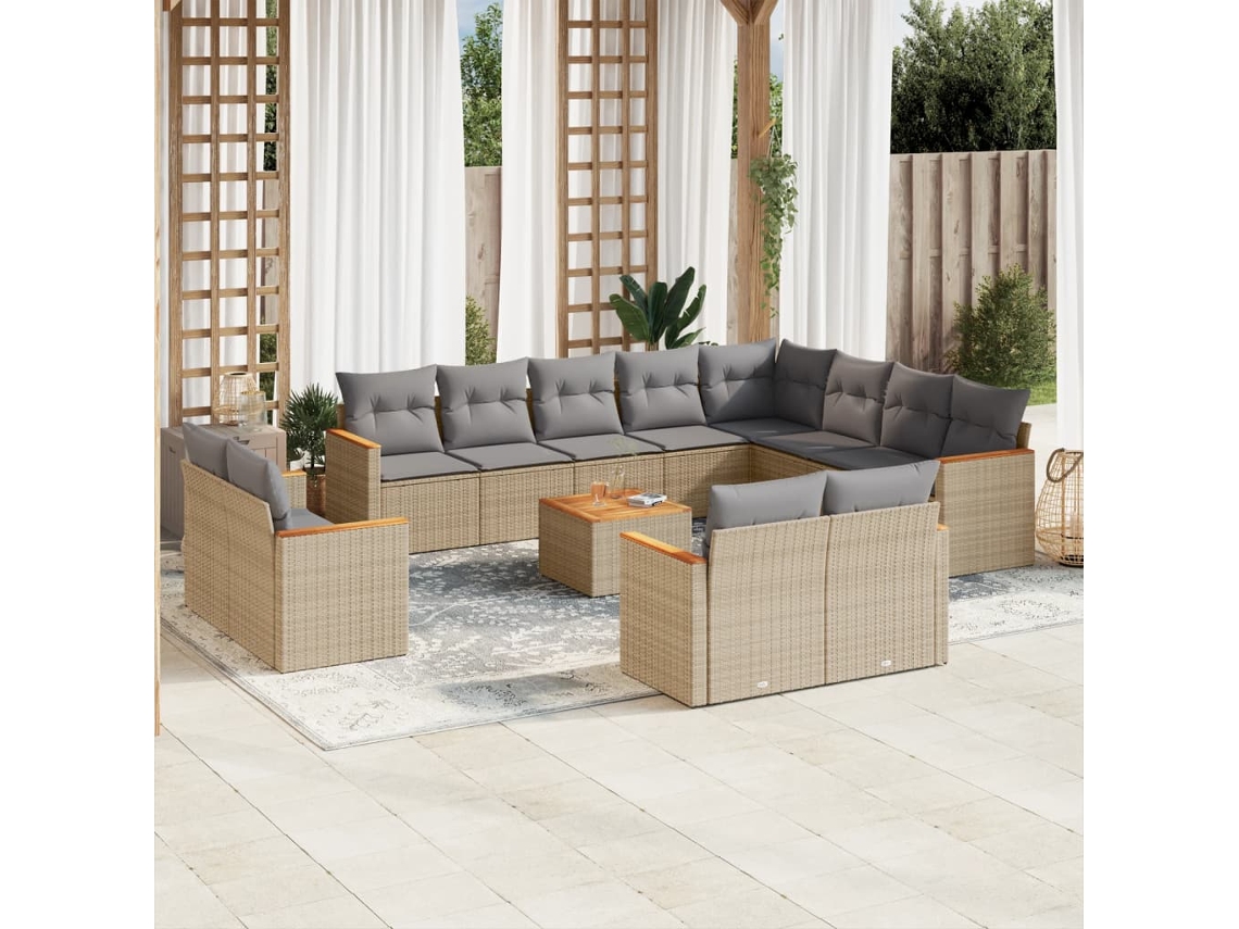13 Pcs Conjunto De Sofás P/ Jardim Com Almofadões Vime Pe Bege Dkd Home Decor