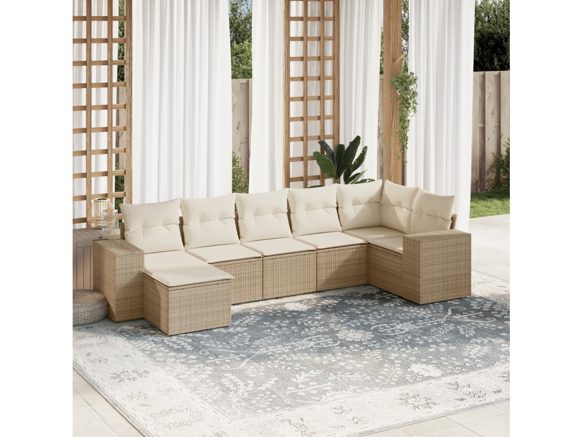 Vidaxl 7 Pcs Conjunto De Sofás P/ Jardim Com Almofadões Vime Pe Bege