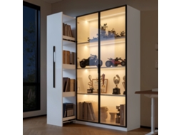 Armário 110,5x35x160 Cm - Vitrine Com Vidro E Led, Gaveta Lateral, Rodas, Estilo Francês, Para Livros, Banheiro Ou Sala