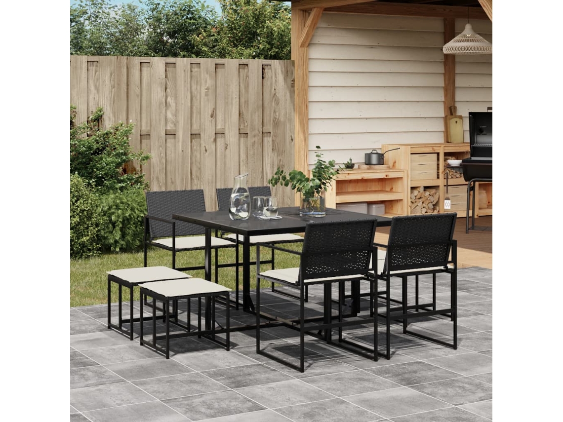 Vidaxl 9 Pcs Conjunto De Jantar P/ Jardim C/ Almofadões Vime Pe Preto