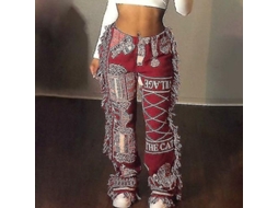 Calça De Pencil Com Estampa Floral E Franja Tassel, Inverno, Alto Street, Regular, Comprimento Total Para Mulheres Vermelho