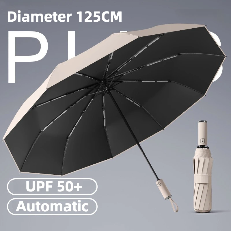 (bege, 10k) Guarda-chuva Dobrável Automático Grande De 125 Cm À Prova De Vento, Com Proteção Solar Upf50+ E Proteção Uv.