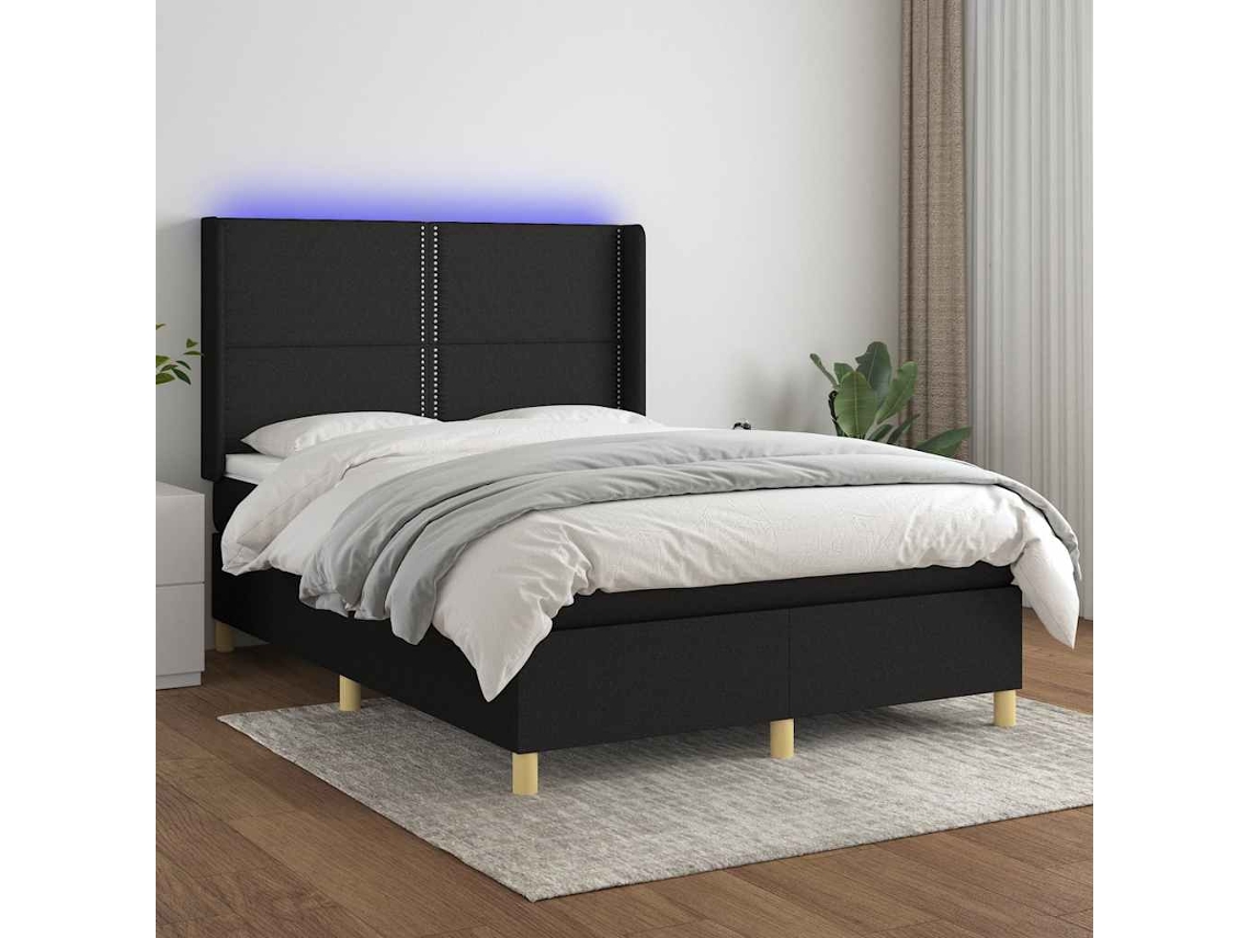 Vidaxl Cama Box Spring C/ Colchão E Led 140x190 Cm Tecido Preto