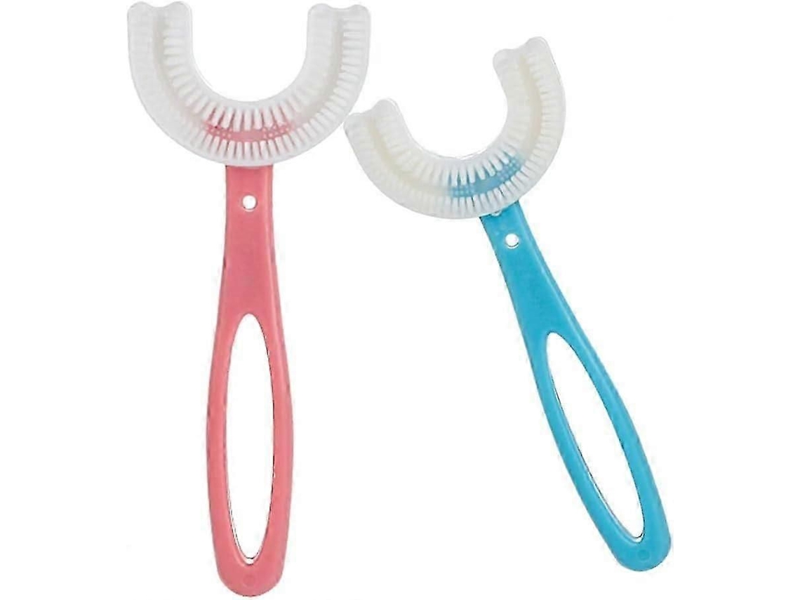 Kit com 2 Escovas de Dentes Infantis em Formato U, Escova Manual Macia para Treinamento Crianças 6 a 12 Anos GOKOCO (rosa + Azul)