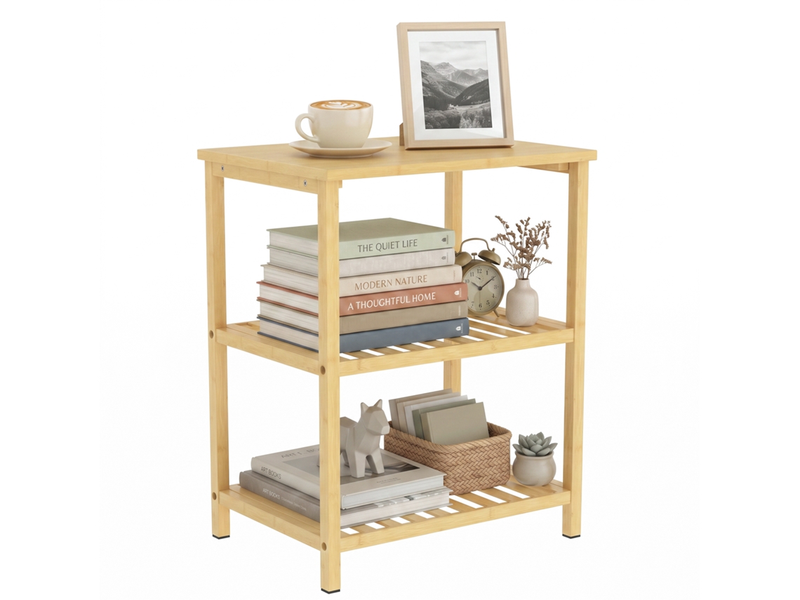 Mesa Lateral De Bambu, Com 3 Níveis E Prateleiras Ripadas, Em Tom Natural, Para Espaços Pequenos, Sala De Estar E Quarto