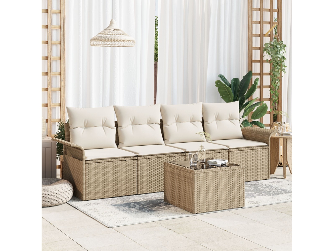 Conjunto De Sofá De Jardim 5 Peças Com Almofadas Bege Polirattan Lovely Home