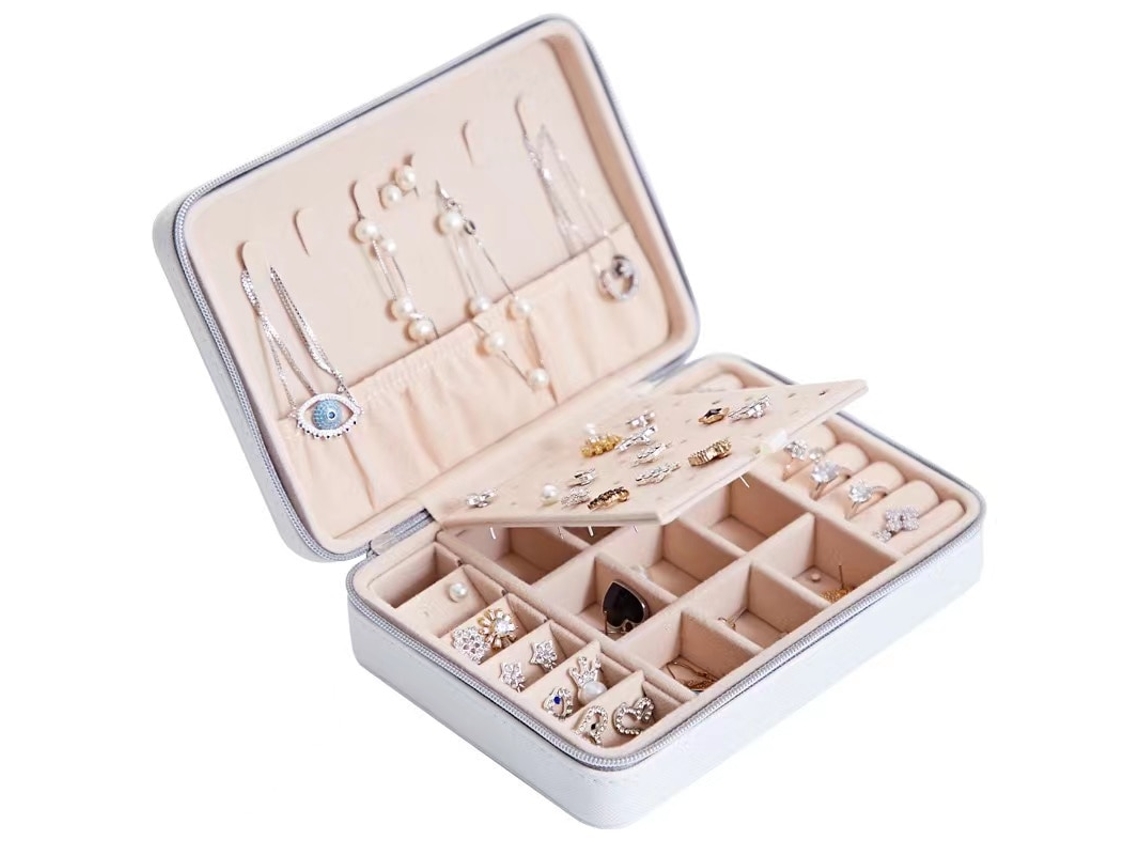 Caixa Organizadora De Bijuterias Brincos Anéis Colares Couro Pu 17 X 12 X 5 Cm Branco