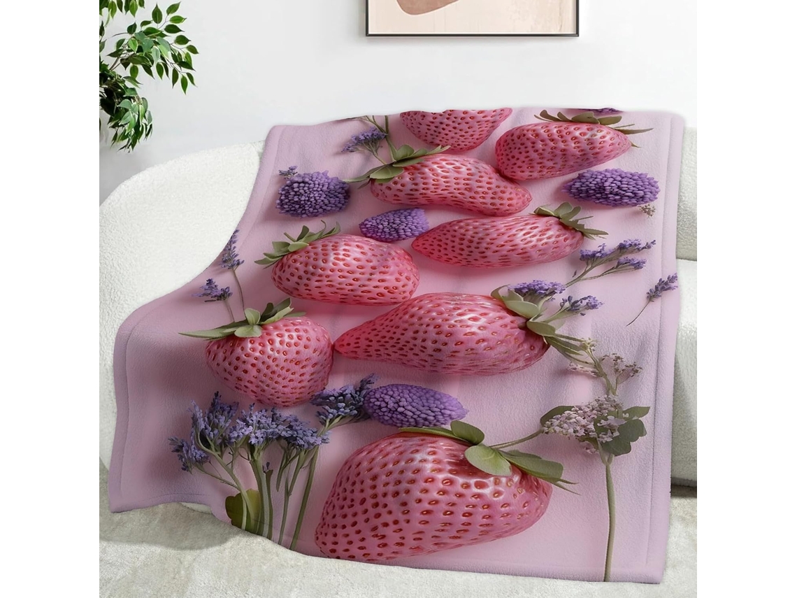 Manta com Estampa de Flores Roxas e Morangos 180x200 Cm Multifuncional Macia Aconchegante em Flanela Ideal Par